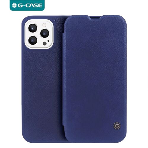 G-Case QIN FlipBook Alcantara sötétkék flipes tok iPhone 15 Pro Max készülékhez, kamera kivágással 