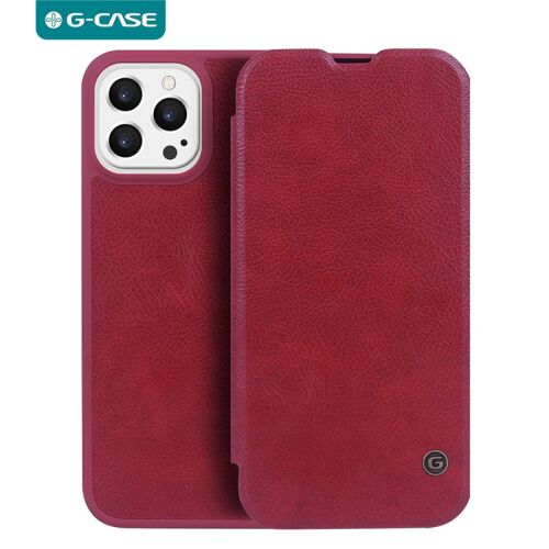 G-Case QIN FlipBook Alcantara cseresznyepiros flip tok iPhone 14-hez, zárt előlappal, kamera kivágással és G-Case logóval 