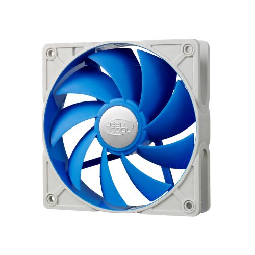 DeepCool UF120 12 cm PC ventilátor kék lapátokkal és fehér kerettel, döntött nézetben - PC ventilátor