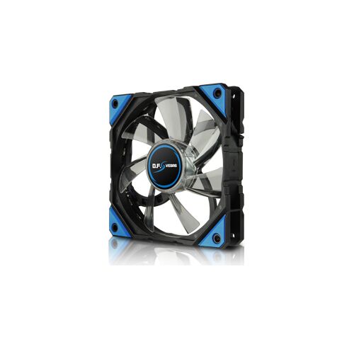 Enermax UCDFV12A-BL PC ventilátor átlátszó lapátokkal és D.F. VEGAS logóval, ferde 3/4 nézet fehér háttéren, bemutatva a designját - PC ventilátor