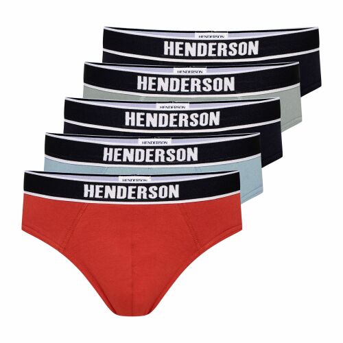 Soon Henderson férfi alsónadrág 5 db-os szett sötétkék, piros, égkék és kékeszöld színben, ferde nézet, kicsomagolva, Henderson logós derékpánttal - Férfi alsónadrág