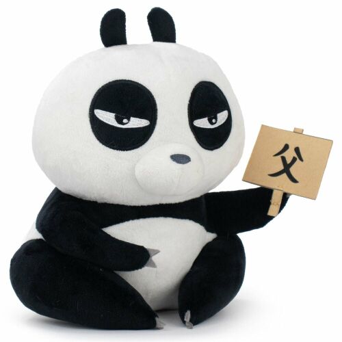 Ranma Genma plüssjáték, 25cm, Genma Saotome panda formájában, amely egy 'apa' karakterrel ellátott táblát tart, fehér háttérrel, oldalnézetből - Plüssjáték