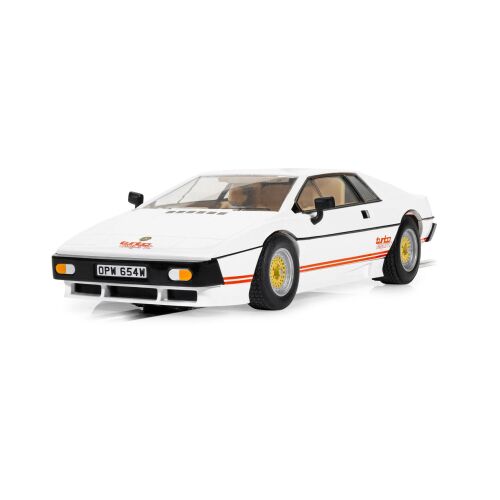 Scalextric James Bond Lotus Esprit Turbo autópálya autó, fehér, narancssárga 'turbo' felirattal, elölnézet - Modell és makett
