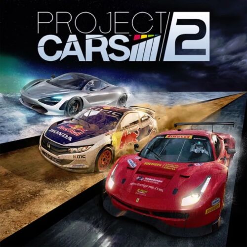 Project Cars 2 videójáték borítója három versenyautóval egy pályán, felhős égbolt háttérrel, a versenyszimulációs játékot népszerűsítve. 