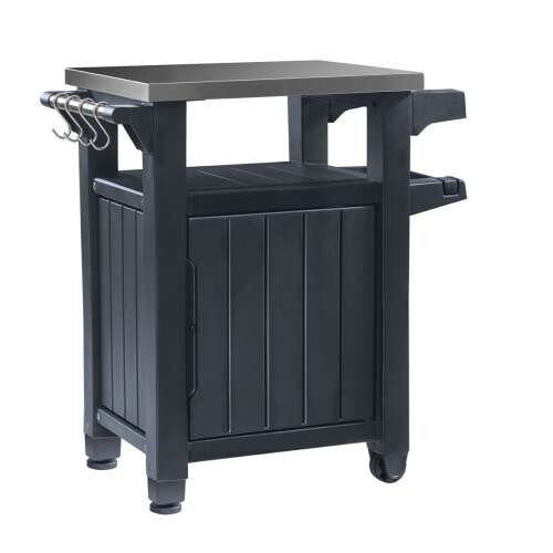 Keter Unity 90x70x54cm többfunkciós kerti asztal rozsdamentes acél munkalappal, tárolószekrény és horgok grillező eszközökhöz - Kerti grill asztal
