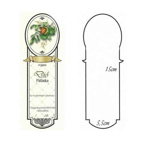 Keskeny Pálinkás Címke - DIÓ (Walnut Brandy Label) dekoratív designnal, dióval egy ágon, mellette egy méretezési rajz 15cm x 5.5cm méretekkel DIY pálinkás üvegekhez. - Italcímke