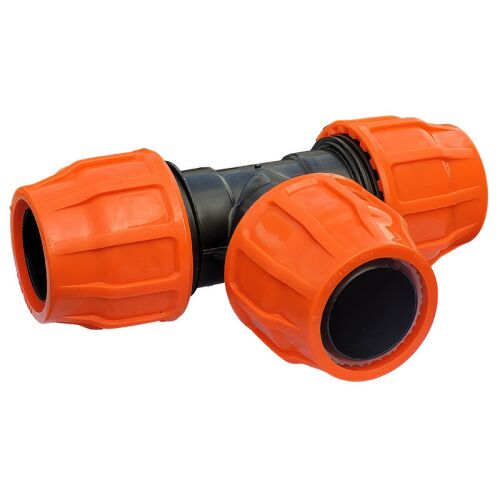 FRT104 Flat szorítógyűrűs T-idom 104x104x104 KPE csövekhez, fekete és narancssárga - KPE idom
