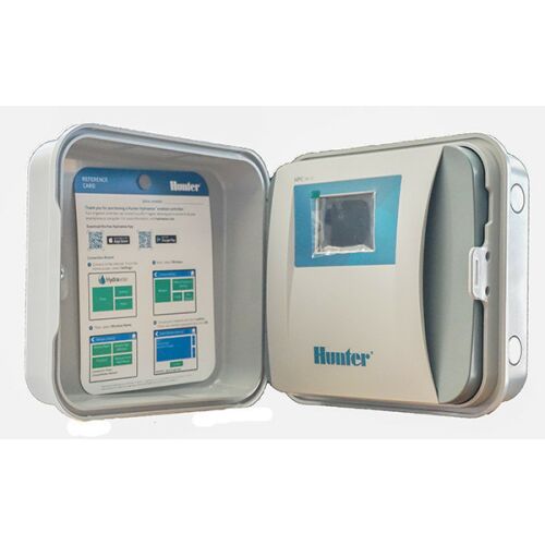 Hunter PRO-C Hydrawise 4 zónás k÷ltéri WiFi öntözés vezérlő nyitott fedéllel, belső komponenseket és utasításokat mutatva, 23 körig bővíthető - Öntözés vezérlő