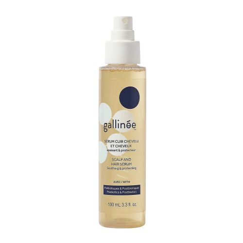Gallinee Prebiotikus és Posztbiotikus Nyugtató Hajszérum 100ml, átlátszó spray flakonban, fehér kupakkal és kék-fehér címkével, az egészséges fejbőr és haj ápolására. - Hajápoló szérum