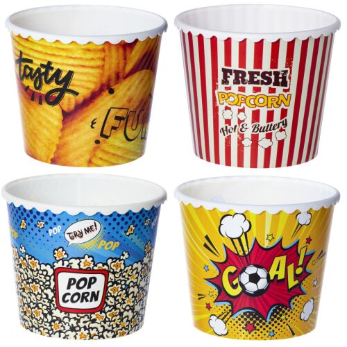 Herevin Popcorn vödör 2,3 L vegyes mintákkal, beleértve chipset, csíkos popcornt, képregény stílusú popcornt és focis gólt ábrázoló mintát filmnézéshez és partikhoz 