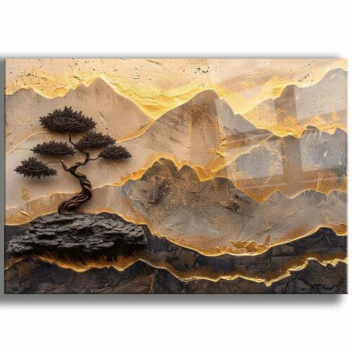 Dekorációs kép edzett üvegen, többszínű, absztrakt arany és szürke hegyi táj sötét bonsaifával, 70x100 cm, Re-Bloom - Lakásdekoráció