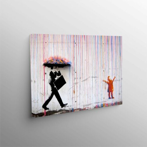 Dekoratív vászonkép 58x55 cm, Re-Bloom többszínű vászon fali dekoráció stencil művészeti stílussal, esernyős emberrel és gyermekkel, vibráló festékcseppekkel a háttérben. 