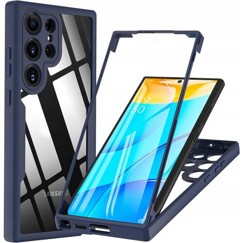 Hensyple 360 fokos kék telefontok Samsung Galaxy S23 Ultra 5G-hez beépített kijelzővédővel, szétszedve egy átlátszó hátlapi tok mellett, bemutatva a telefon illeszkedését. - Telefontok