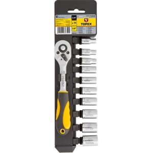 Zestaw kluczy nasadowych Topex 1/4 cala z grzechotką i 11 nasadkami - Klucz do wtyczek