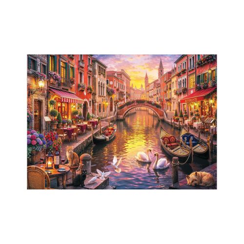 Elkészült Trefl Romantikus Velence 2000 darabos puzzle, amely egy festői naplementét ábrázol egy velencei csatorna felett gondolákkal, hattyúkkal és bájos európai építészettel. - Puzzle és kirakó