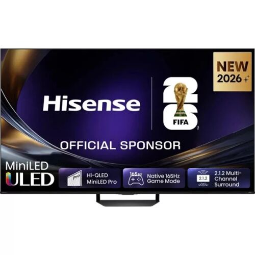 A Hisense 75U7S PRO 4K UHD Smart MiniLED TV elölnézete, kiemelve MiniLED ULED technológiáját, Hi-QLED MiniLED Pro funkciót, 165Hz natív játék módot és 2.1.2 többcsatornás térhangzást, FIFA hivatalos szponzori márkajelzéssel - Televízió