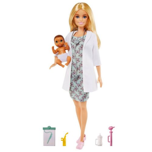 Barbie gyermekorvos baba fehér köpenyben és pillangós ruhában, kezében babával és orvosi kiegészítőkkel 