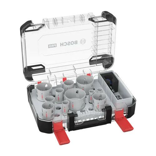 Bosch PRO Multi Material PC Plus körkivágó-készlet nyitott, átlátszó tokban, különböző méretű körkivágókkal és tartozékokkal - Körkivágó és lyukfűrész