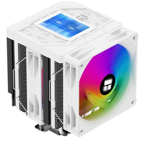Thermalright Peerless Assassin 120 Vision ARGB 12 cm fehér CPU hűtő színes ventilátorral és kijelzővel, ferde nézetben - PC ventilátor