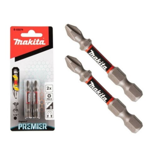 Makita Impact Premier PH2 50mm torziós csavarbehajtó bitek (E-03274) csomagolásban és két kicsomagolt bit fehér háttéren, látható márkajelzéssel és mérettel - Bitfej