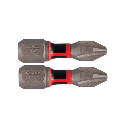 Két Makita Impact Premier PH2 25mm torziós csavarbehajtó bit piros és fekete szalagokkal, ferde nézetben fehér alapon - Bitfej