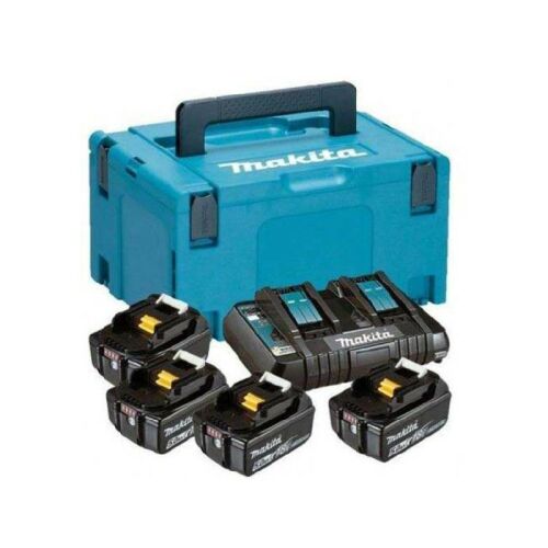 Makita 40Vmax 5,0Ah Li-Ion akkumulátor csomag négy akkumulátorral, egy duplaportos töltővel és egy Makpac 3-as típusú kofferrel, fehér háttéren elhelyezve, szögből nézve - Szerszám akkumulátor és töltő