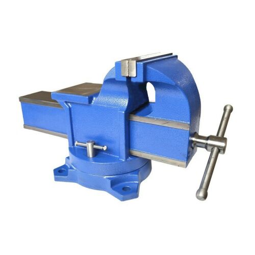 Z-TOOLS 125mm kék párhuzamsatu forgózsámollyal és edzett pofákkal, 3/4 nézet fehér háttéren - Satu