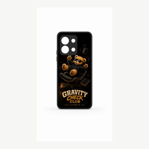 LUNØIR Gravity Check Club prémium TPU + PC telefontok Xiaomi Redmi Note 13 5G-hez, arany mackóval, amely egy széken lebeg, kiemelve a 'Gravity Check Club' dizájnt fekete háttéren. 