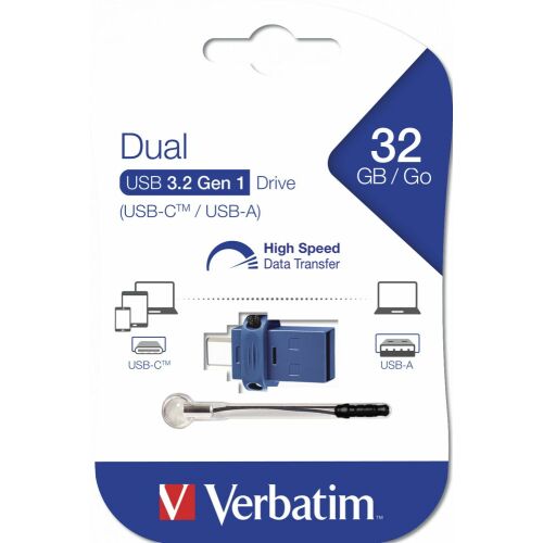 Pendrive, 32GB, USB 3.2+USB-C adapter, VERBATIM "Dual" 177346215 - Adattároló