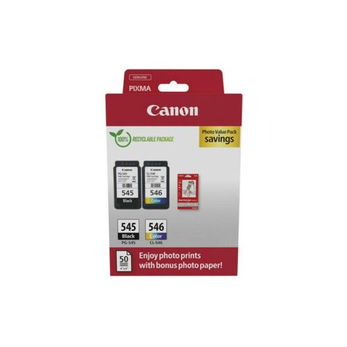 Canon PG545 CL546 multipack fekete és színes tintapatronokkal és GP501 fotópapírral, a csomagolás elölnézete - Tintapatron