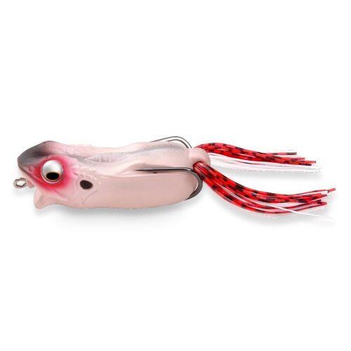 Megabass Gabarin 63mm 14gr White Peach horgászcsali, felszíni béka műcsali piros-fehér szoknyával, ferde nézet - Gumicsali és twister