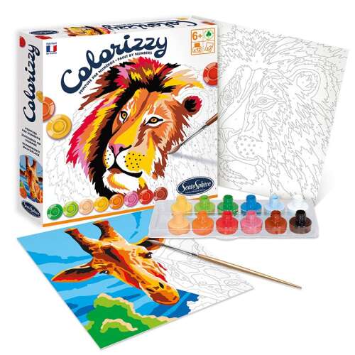 Colorizzy paint by numbers kit, lion and giraffe, Sentosphere SA4500, showing the contents of the kit