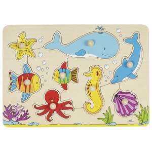 Goki Puzzle cu animale marine, un puzzle din lemn pentru copii mici cu 8 piese, care prezintă o balenă, un delfin, un pește, o caracatiță, un cal de mare și o stea de mare - Goki Puzzle pentru copii