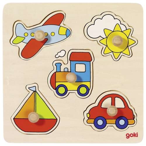 Goki fa puzzle 5 darabból, repülővel, vonattal, hajóval, autóval és nappal, nagyszerű kisgyermekeknek és óvodásoknak - Goki