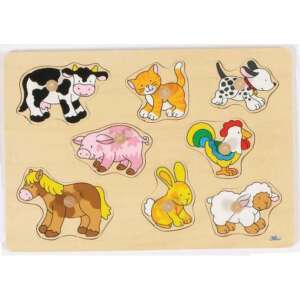 Puzzle Goki cu Animale de la Fermă, 8 piese din lemn pentru copii mici, cu vacă, pisică, câine, porc, cocoș, cal, iepure și oaie - Goki Puzzle pentru copii