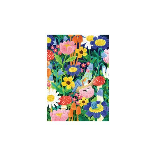 Pieces & Peace 500 darabos Olvasás egy függőágyban puzzle illusztráció, egy függőágyban olvasó személyt ábrázol vibráló virágokkal és gombákkal körülvéve - Puzzle