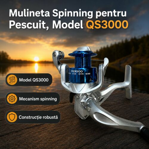 QS3000 Pergető horgászorsó kék dobbal, ezüst testtel és összecsukható fogantyúval, festői naplementés tó háttérrel, modell QS3000, pergető mechanizmus és robusztus konstrukció ikonokkal - Pergető orsó