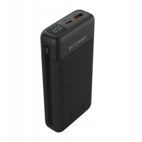 BLITZWOLF BW-P22 Mini Powerbank 20000mAh 22.5W fekete színben, ferde nézetből, digitális kijelzővel, amely az akkumulátor százalékos állapotát mutatja, USB-C és OUT portokkal - Külső akkumulátor és powerbank