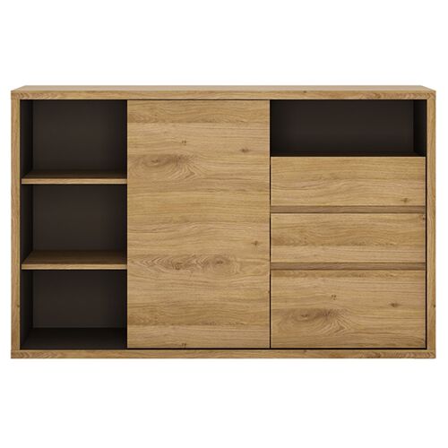 SHELDON TYP 43 komód shetland tölgy és szürke színben, elölnézet csukott ajtókkal és fiókokkal, modern design - Komód