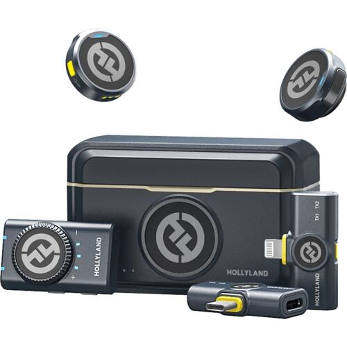 Teljes Hollyland Lark M2 Combo vezeték nélküli lavalier mikrofon rendszer töltőtokkal, két adóval és három vevőtípussal (Lightning, USB-C, kamera) fehér háttéren elrendezve. - Mobiltelefon mikrofon
