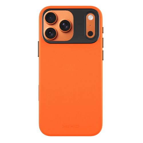 YAXO bőr Gear Slim tok iPhone 17 Pro-hoz magma narancssárga színben, arany kamera kiemelésekkel és MagSafe kompatibilitással, bemutatva elegáns kialakítását és kameravédelmét. - Telefontok