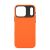 Hátulnézet a YAXO bőr Gear Slim tokról iPhone 17 Pro-hoz magma narancssárga színben, bemutatva a kamera modul és a vaku precíz kivágásait.