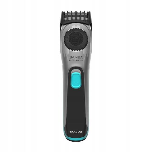 Cecotec Alldrive Pro haj- és szakállvágó, fekete és szürke színben, kiemelkedő türkizkék bekapcsológombbal és precíziós tárcsával, ferde nézetben fehér háttérrel. - Szakállvágó