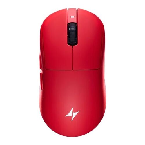 ATK Dragonfly A9 Ultimate+ vezeték nélküli gamer egér élénk piros színben, felülnézetből, sima fehér háttéren, kiemelve letisztult dizájnját és görgőjét. - Egér