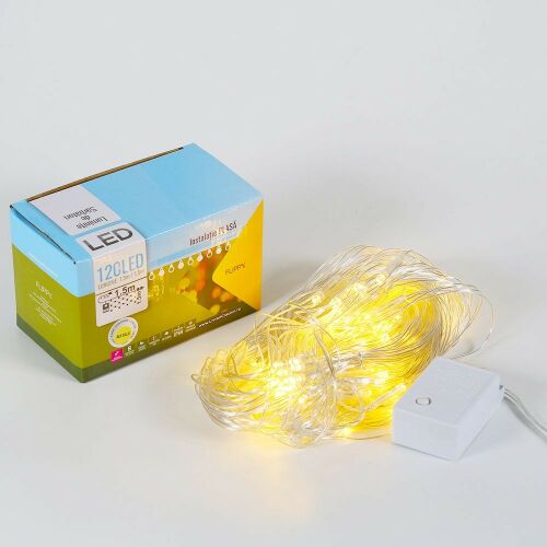 Alista Home karácsonyi háló dekoráció, 1,5x1,5m, 120 meleg fehér LED, összekapcsolható, kibontott termék a csomagolódoboz mellett fehér háttéren, a LED hálót és a vezérlőt mutatva - Dekoráció