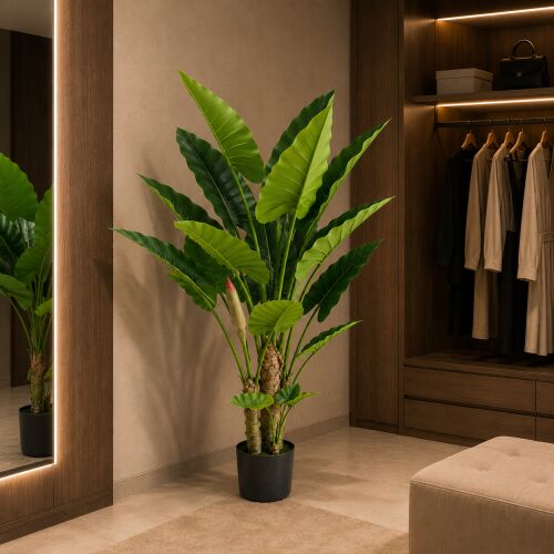 Mesterséges Alocasia típusú növény, 160 cm magas, zöld, 3 szárral, elegáns hálószoba környezetben - Műnövény és művirág
