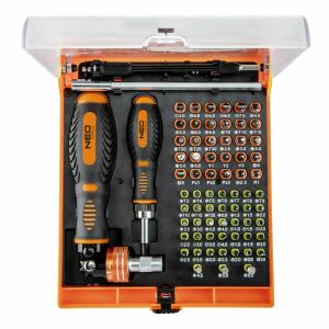 NEO 73-częściowy zestaw bitów do wkrętaka, widok z góry na uporządkowane etui - NEO Tools