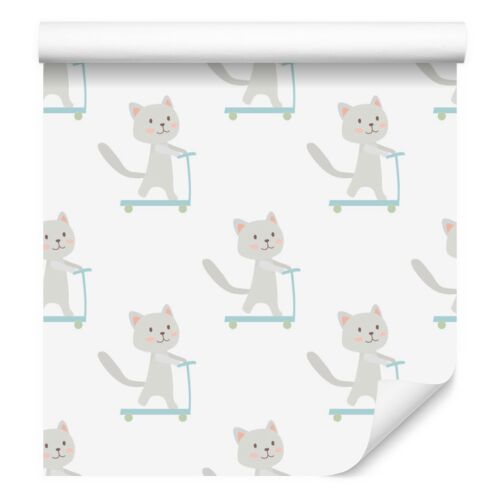 Robogós kiscicák tapéta tekercs, szürke kiscicák rollerező mintázatával, fehér alapon, nem szőtt anyagból, 50x1000 cm - Barkács és DIY