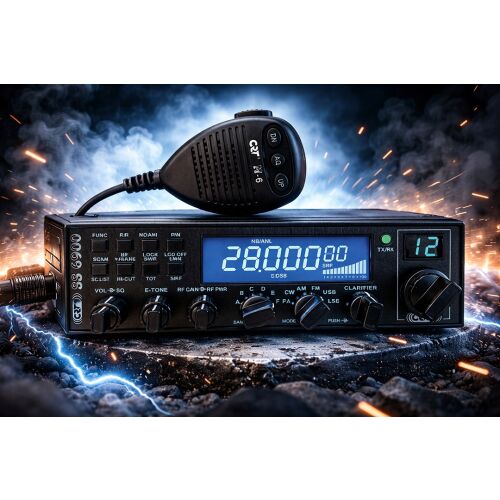 CRT SS 6900 V8 VOX AM FM SSB CW CTCSS DCS V8 verziós export amatőr rádió adó-vevő mikrofonnal, világító kijelzővel, betonfelületen szikrák és füsteffektusok között - Rádió