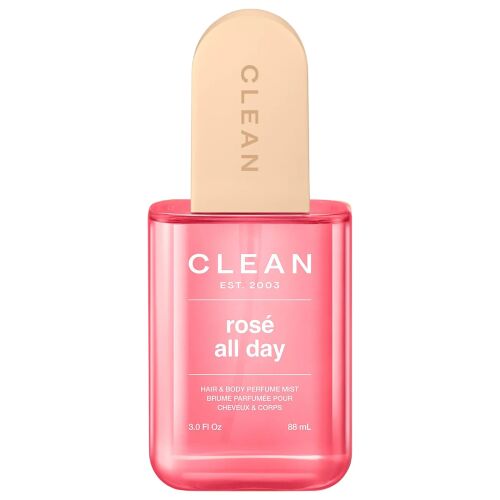 Clean Rosé All Day hajillatosító permet nőknek, 88 ml-es flakon, világos rózsaszÍn folyadék 'rosé all day' ås 'CLEAN' márkajelzéssel, haj és test parfüm permet, nőies rózsa illat - Testpermet